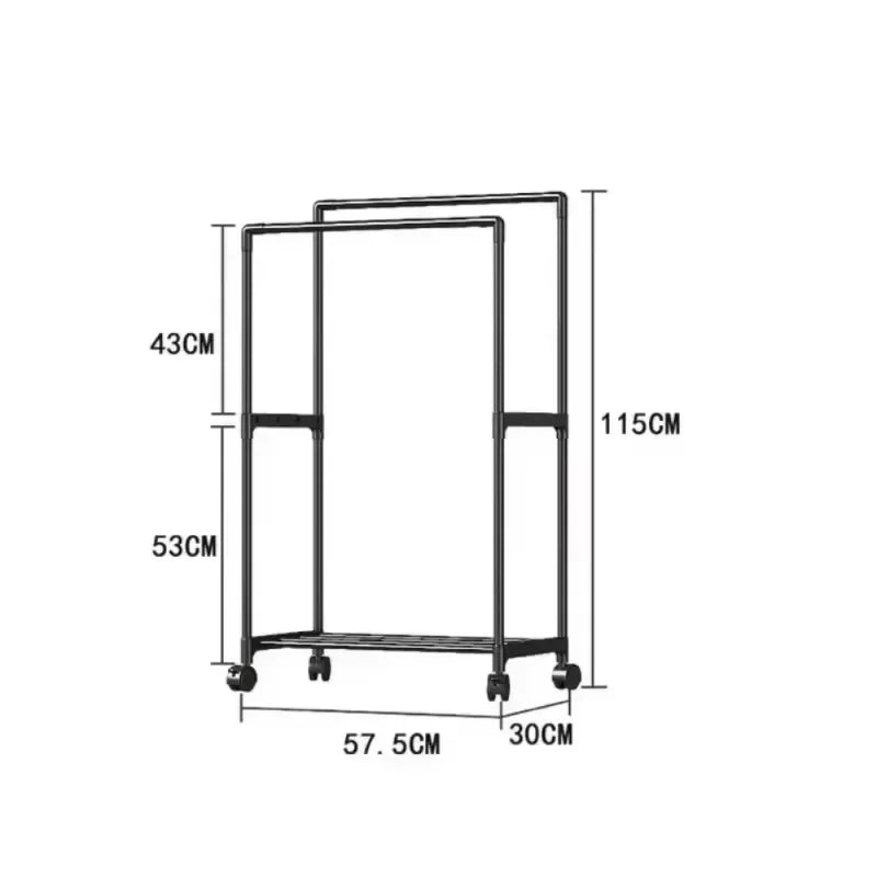 Movable Double Rod Clothes Rack Wheels Heavy Duty Coat Shelf with Bedroom Floor Hangers Organizer Home Shoe Hat Storage Racks
