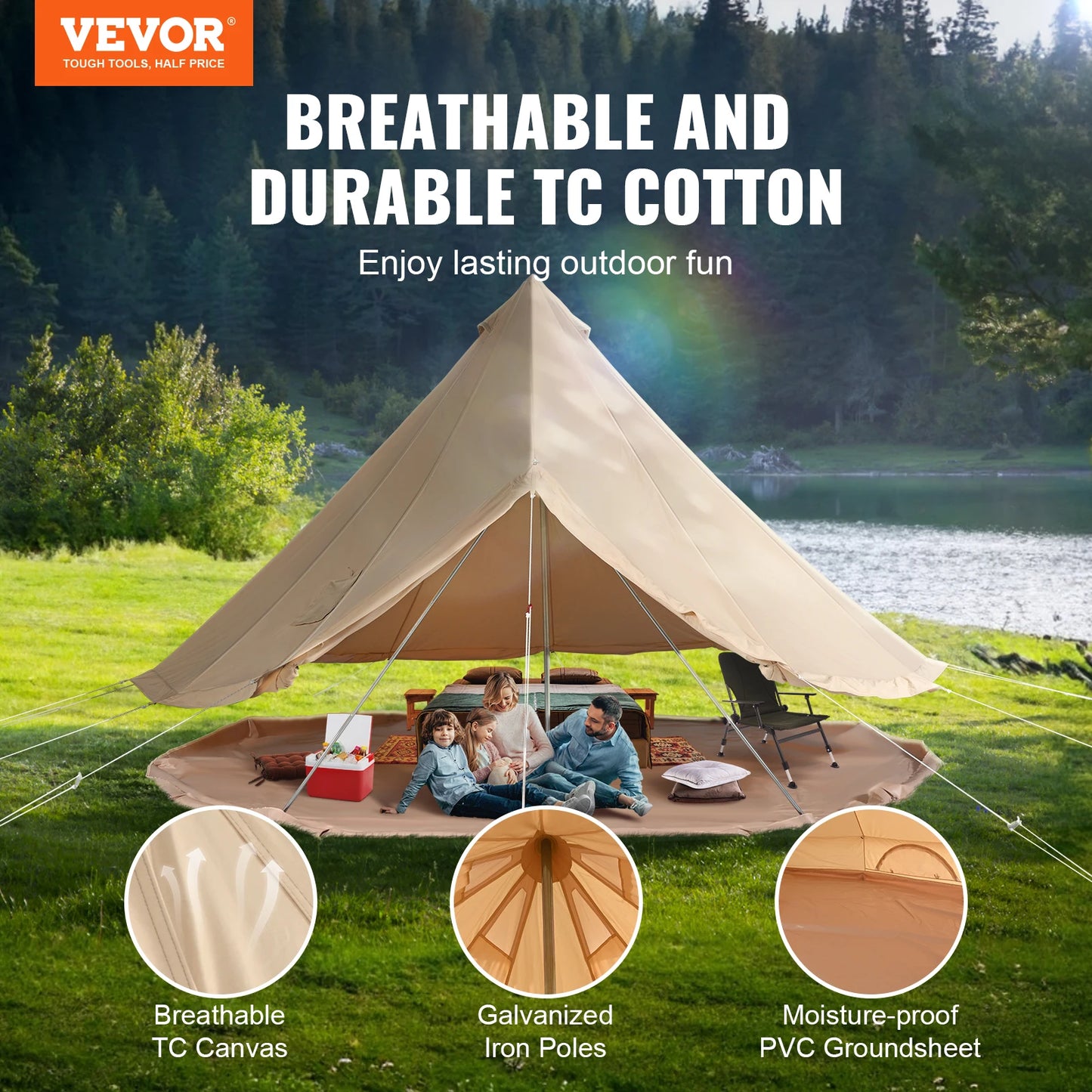 SucceBuy Canvas Bell Tent 4 Seasons 3/4/5/6/7m Yurt Tent Canvas Tent for Camping with Stove Breathable Tent