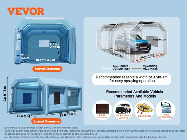 VEVOR Inflatable Paint Booth Inflatable Spray Booth with Powerful Blowers and Air Filter System Portable Car Paint Booth