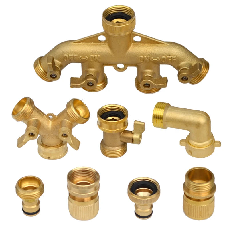 Heavy Duty Brass 1-2-4 way Splitter Garden Hose Hexagonal Connector with Comfortable Grip Shut Off Valves Adapter for Water Tap