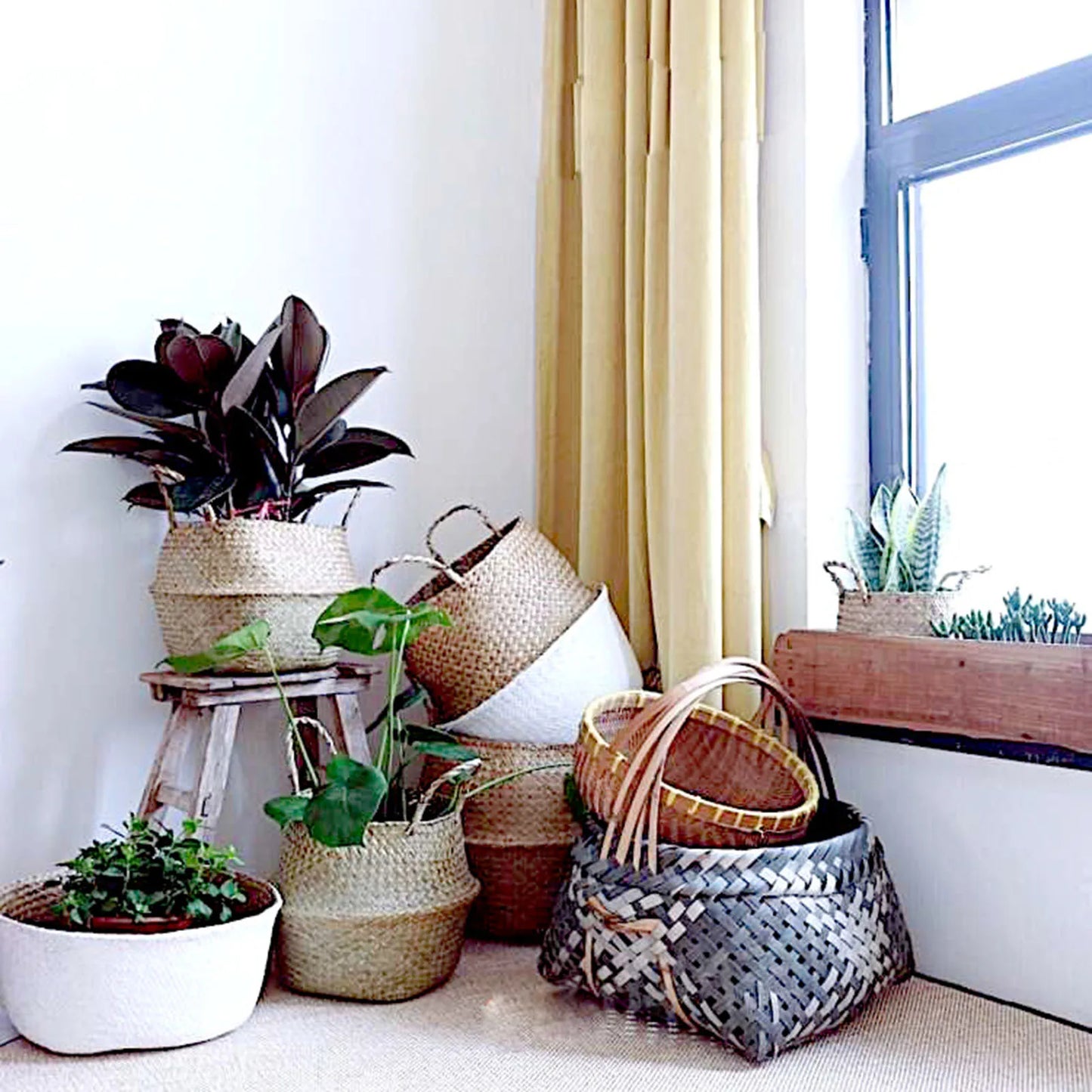 Seagrass Wickerwork Basket Portable Dirty Laundry Hamper Storage Basket Garden Plant Basket Home Decor