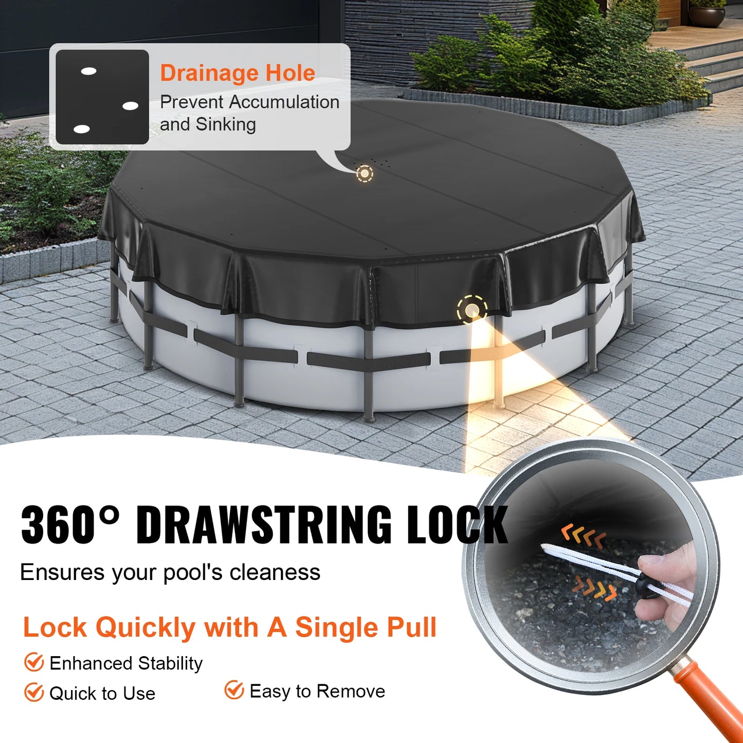 VEVOR 18/15Ft Round Pool Cover Solar Covers for Above Ground Pools Safety Pool Cover with Drawstring Design Black