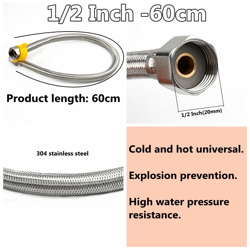 1 PC 1/2, 3/4 Inch 304 Stainless Steel Braided Hose Cold Hot Water Pipe Toilet Faucet Connection Pipe Garden Water Connection
