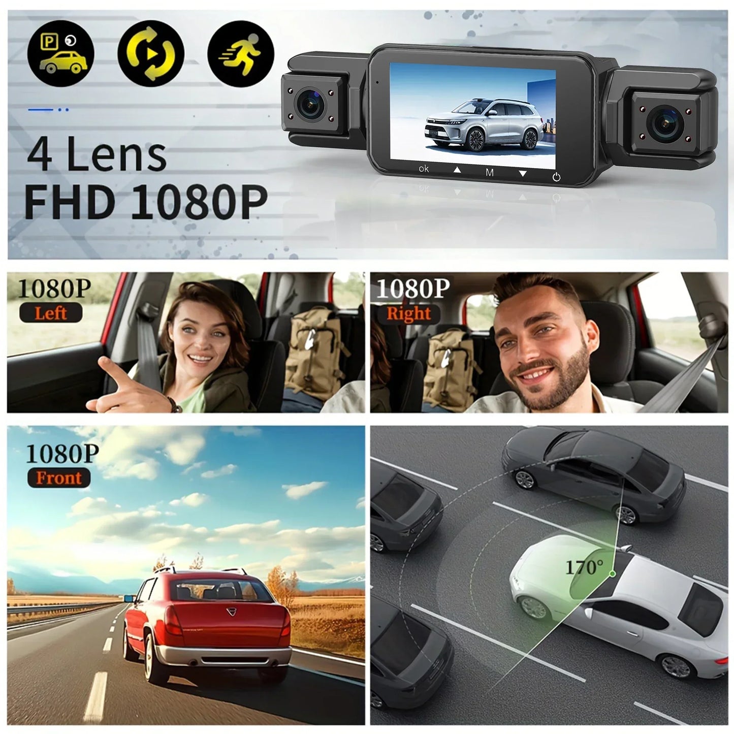 Car Dash Cam 4 Channel Black Box With GPS WIFI FHD 1080P Front Driving