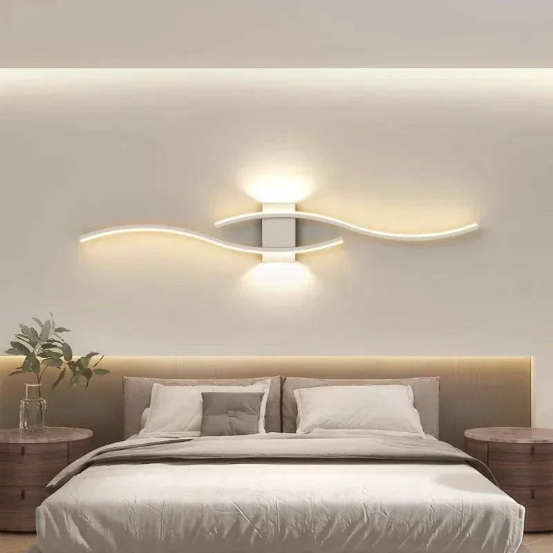 Modern LED Strip Wall Sconce - Double Curve, Remote, Black Gold, Bedside Bedroom | AlluCanFind