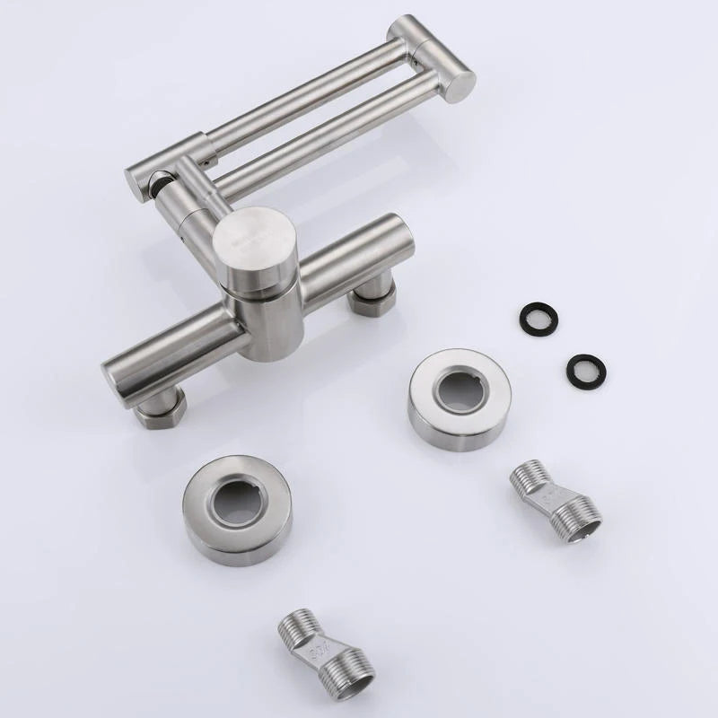 Brushed Kitchen Sink Faucet 304 Stainless Steel In-wall Double Hole 360° Rotation Universal Folding Hot Cold Mixer Kitchen Crane
