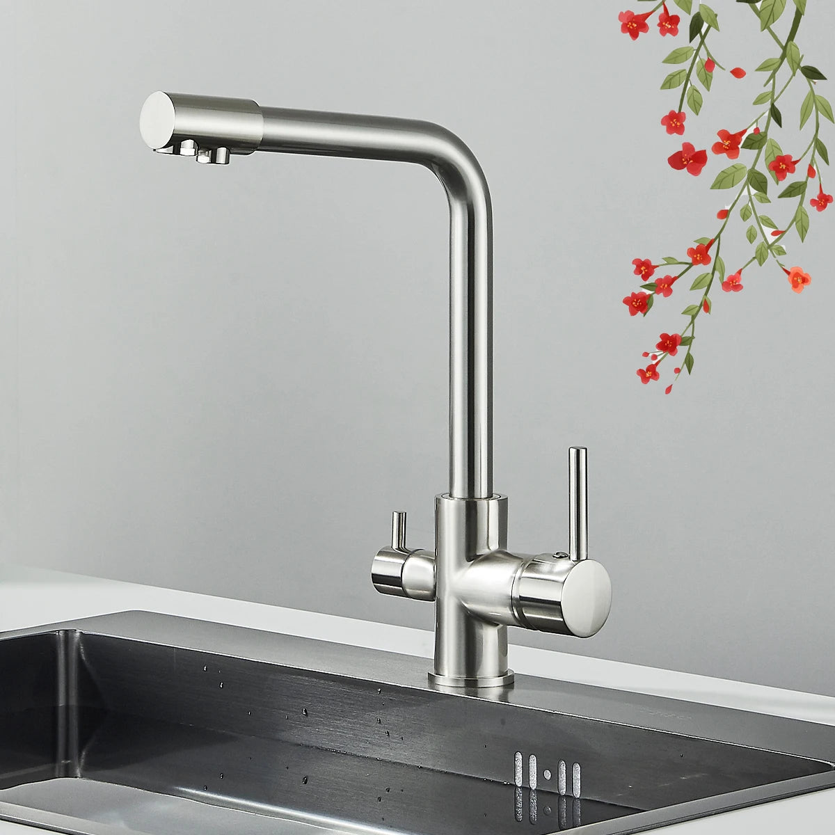 Pure Water Kitchen Faucet Chrome Stainless Steel Dual handle Hot Cold Water Mixer Tap Filtered Deck Mounted Torneira Crane Tap