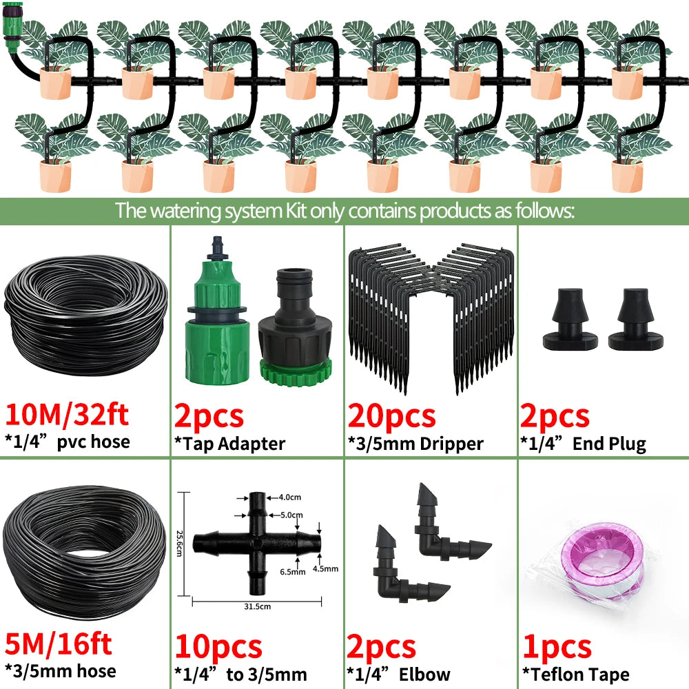 Greenhouse Drip Irrigation Kit Automatic Watering System Garden 4-Way 4/7mm to 3/5mm Hose Dripper for Pot Plant Vegetable Bonsai