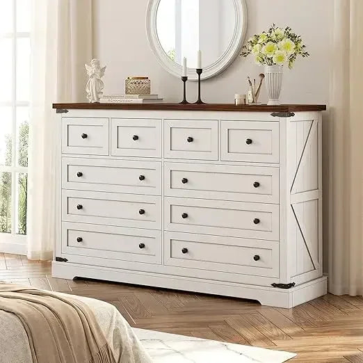 White 10-Drawer Dresser, 55'' Wide Bedroom Chest, Antique Storage Cabinet