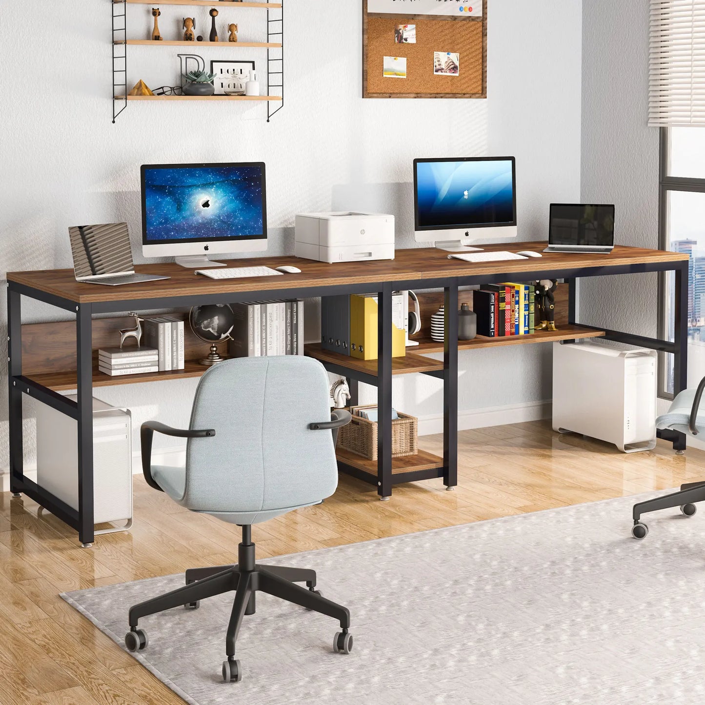 Two Person Desk with Bookshelf, 78.7" Double Computer Desk, Rustic Home Office Workstation Table | AlluCanFind