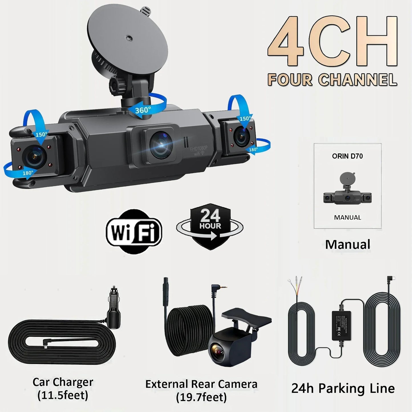 Car Dash Cam 4 Channel Black Box With GPS WIFI FHD 1080P Front Driving