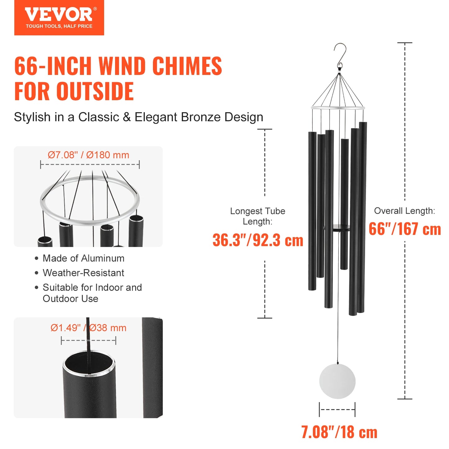 VEVOR Wind Chimes for Outside Deep Tone Unique Memorial Wind Chimes for Anniversary Amazing Outdoor Decor for Patio Porch Garden