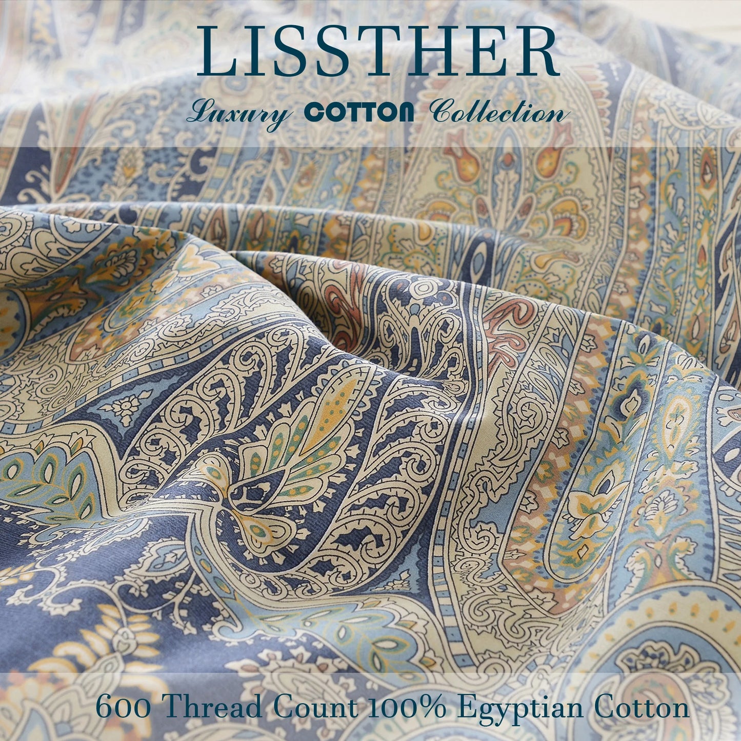 3pcs 600TC 100% Egyptian Cotton Duvet Cover Set, Vintage Bohemian Paisley Royal, Soft Skin-Friendly (No Inserts)