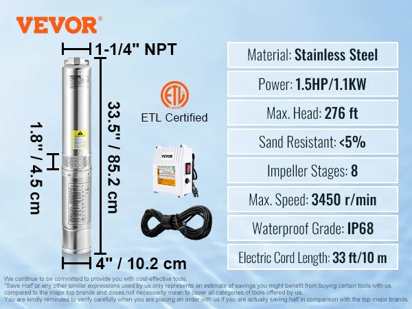 VEVOR Deep Well Submersible Pump 0.5/1/1.5HP 28/37GPM Flow 115V/60Hz 167/207/276ft Head for Industrial, Irrigation & Home Use