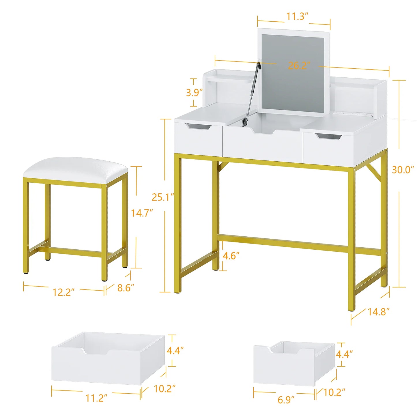 Satifur Vanity Desk with LED Lights Mirror and Power Outlets, Small Makeup Vanity Desk Stool Set with 4 Drawers, Dressing Table