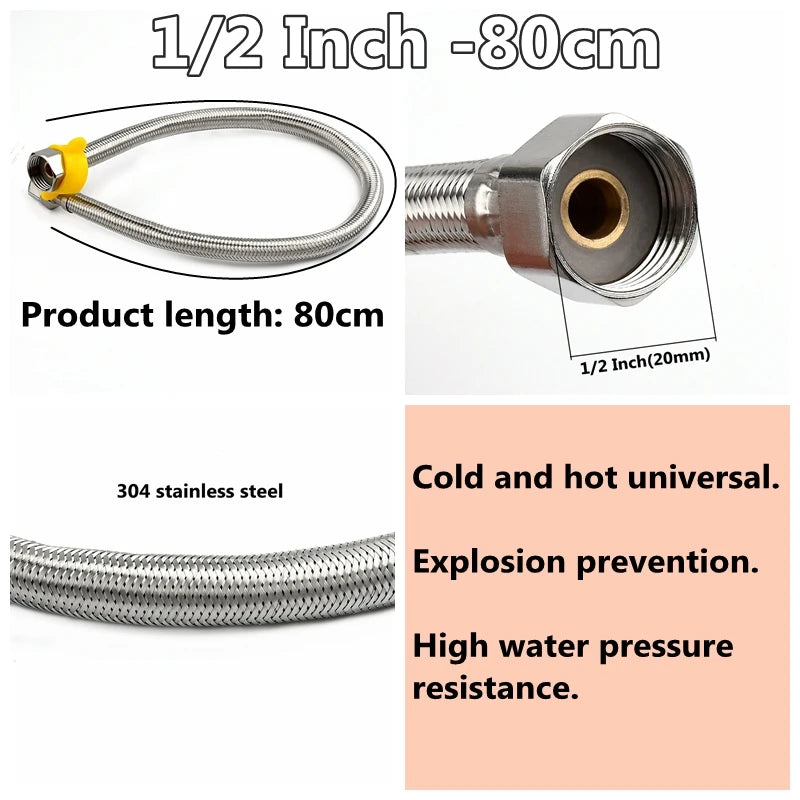 1 PC 1/2, 3/4 Inch 304 Stainless Steel Braided Hose Cold Hot Water Pipe Toilet Faucet Connection Pipe Garden Water Connection
