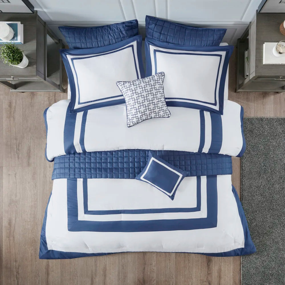 8 Piece Comforter and Quilt Set Collection Navy Full/Queen