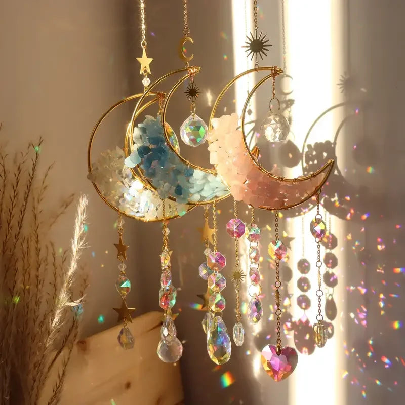 1pc, Amethyst Moon Crystal Prisms Suncatcher, Half Moon Shaped Window Hanging Pendant Glass Prisms Decor Wind Chime Rainbow Sun