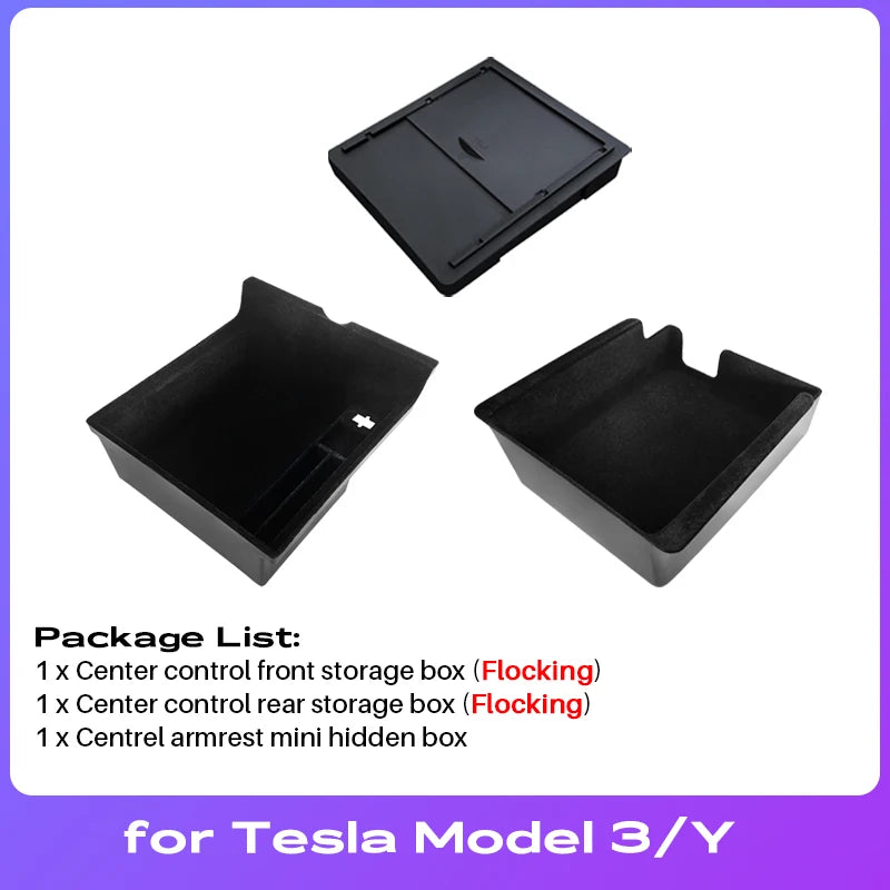 For Tesla Model Y 2020-2024 Hidden Storage Box Car Center Console Armrest Front and Rear Flocking Layer Container Slide