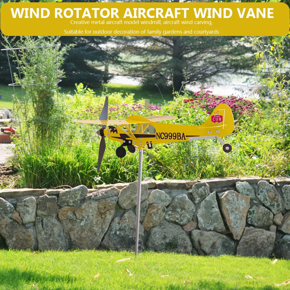 3D Piper J3 Cub Wind Spinner Plane Metal Airplane Weather Vane Outdoor Roof Wind Direction Indicator WeatherVane Garden Decor