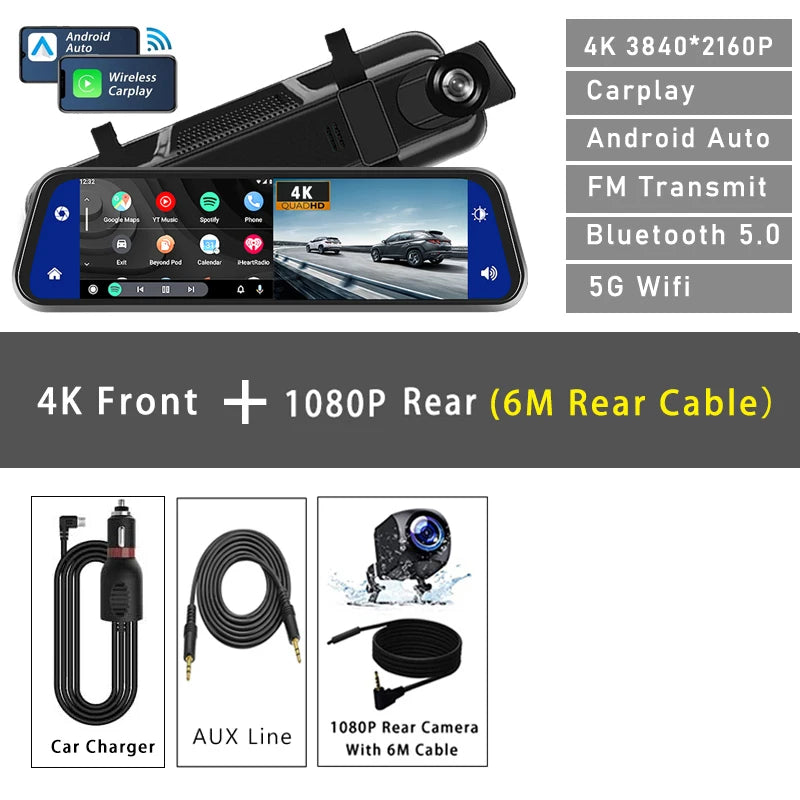10" Dash Cam 4K 3840*2160P Car Dvr Carplay Android Auto GPS 5G WIFI A