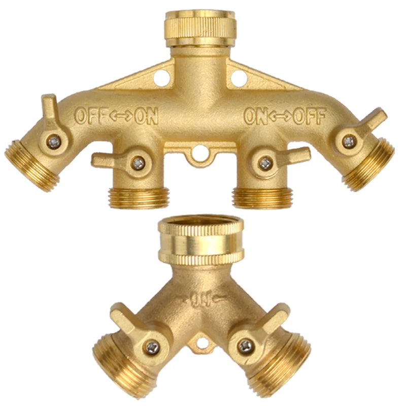 Heavy Duty Brass 1-2-4 way Splitter Garden Hose Hexagonal Connector with Comfortable Grip Shut Off Valves Adapter for Water Tap