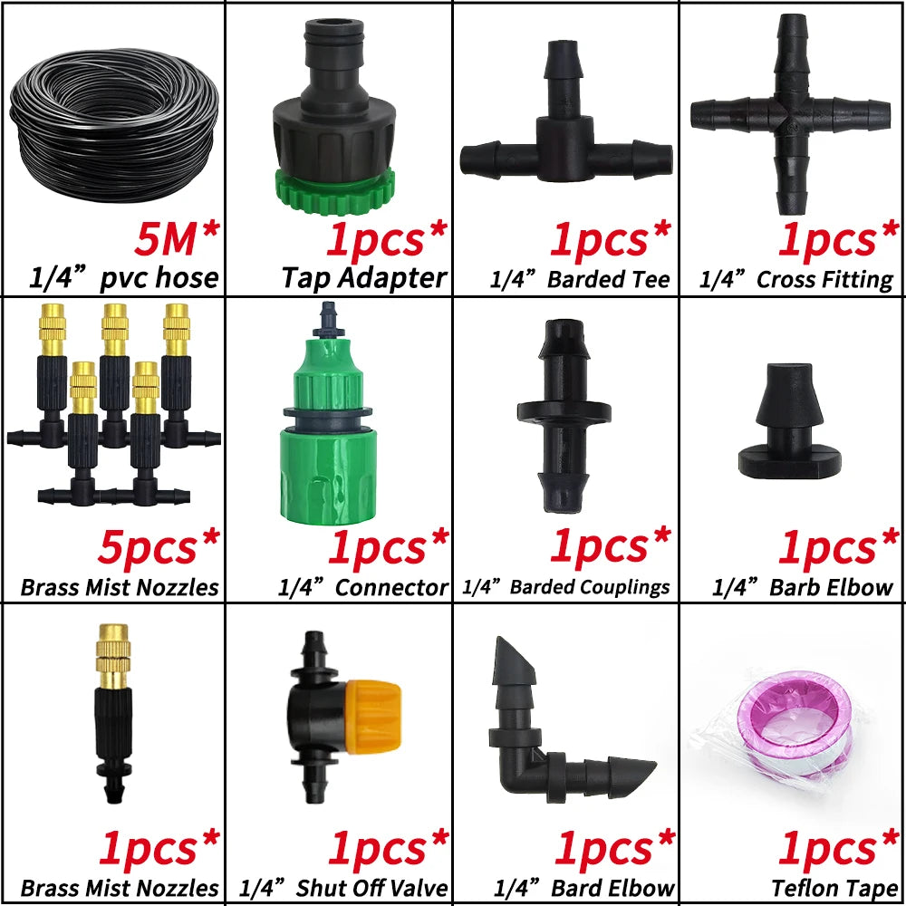 WUJIE 5M-30M Garden Irrigation Outdoor Misting Cooling System Watering 1/4'' Brass Atomizer Nozzles 4/7mm Hose Patio Greenhouse