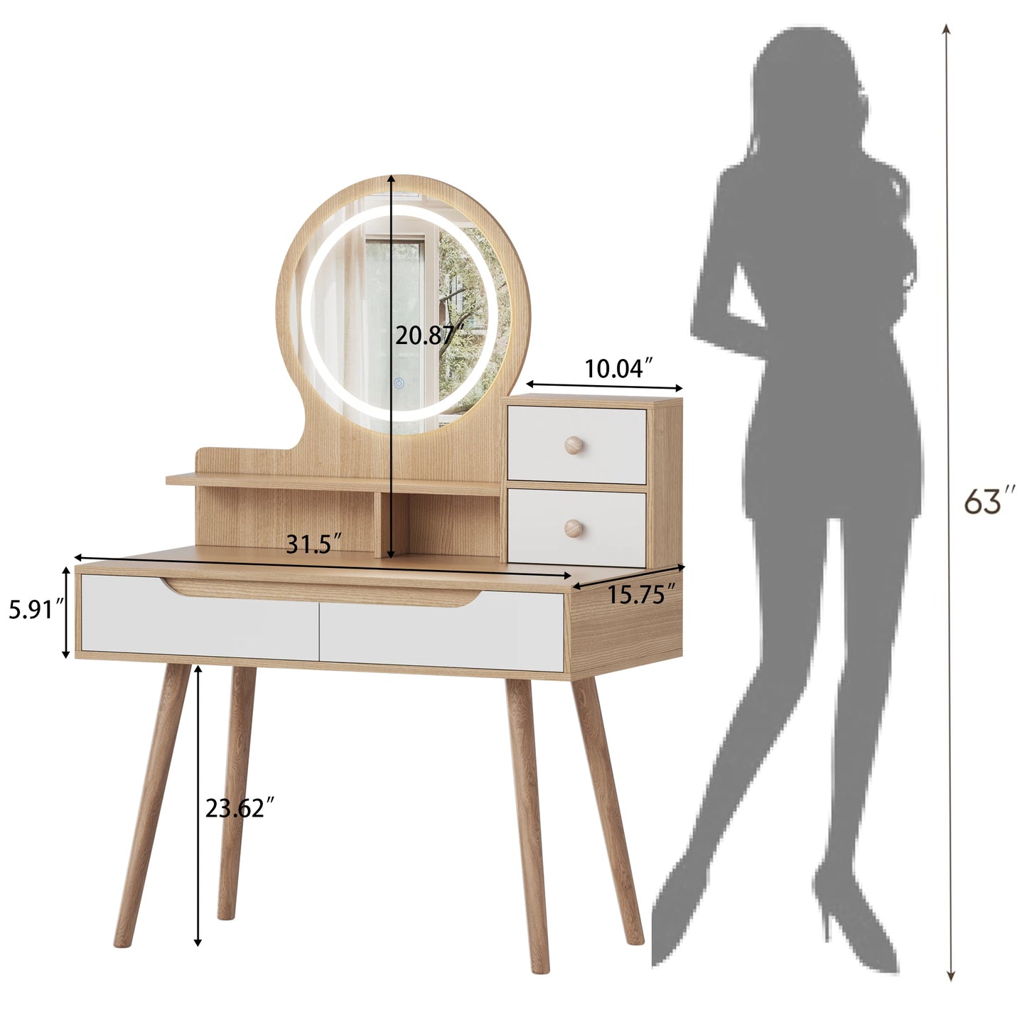 Makeup Vanity with 3 Colors Modes Adjustable Brightness Mirror, 4 Drawers 3 Storage Shelves, Dressing Table Modern Makeup Desk