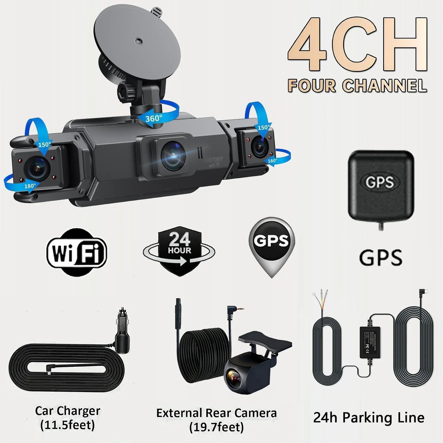 Car Dash Cam 4 Channel Black Box With GPS WIFI FHD 1080P Front Driving