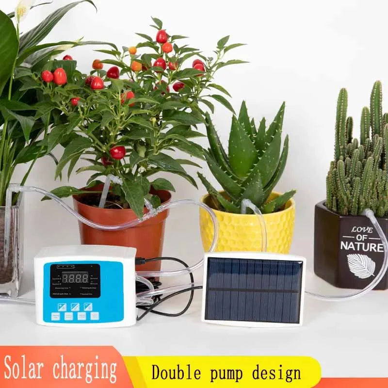 Garden Drip Irrigation Device Double Pump Controller Timer System, Solar Energy Intelligent Automatic Watering Device for Plants
