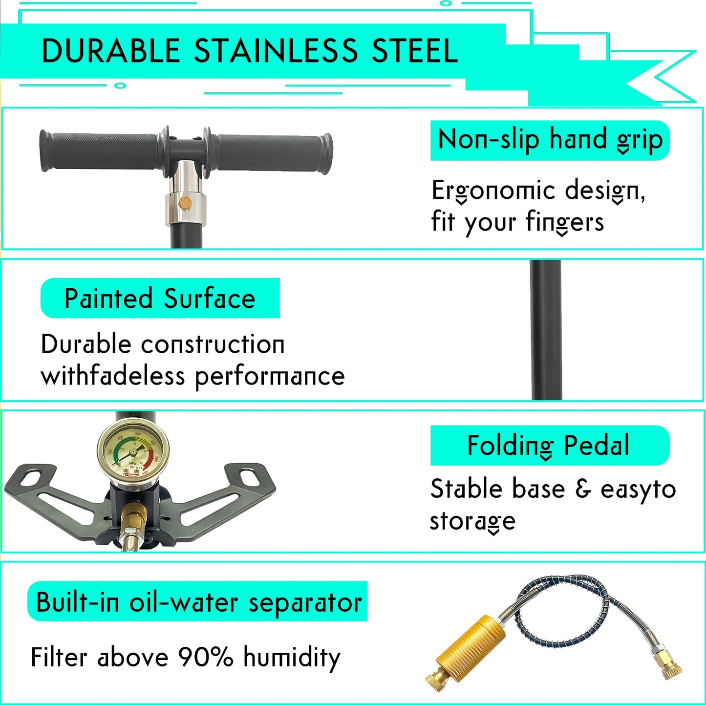 NUOGE 4 Stage 30mpa 4500Psi PCP Hand Pump High Pressure Operated HPA Tank Hunting Car Bicycle