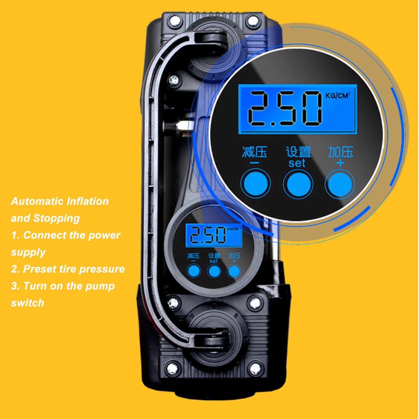 New 12V Air Compressor Pump with LED Light Digital Display Meter 100PSI Cylinder Automobile Tire Inflator Automobile Air Pump