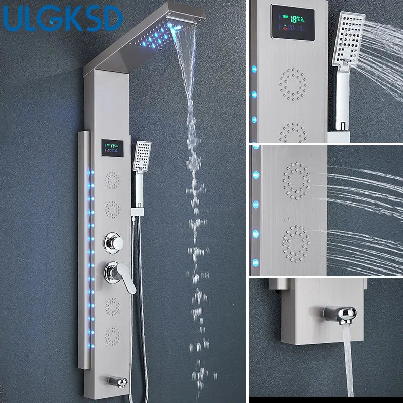 ULGKSD Full Faucet Set System LED Bathroom Showers Panel Hot&Cold Shower Column Rainfall And Waterfall Faucet Bathroom Mixer Tap