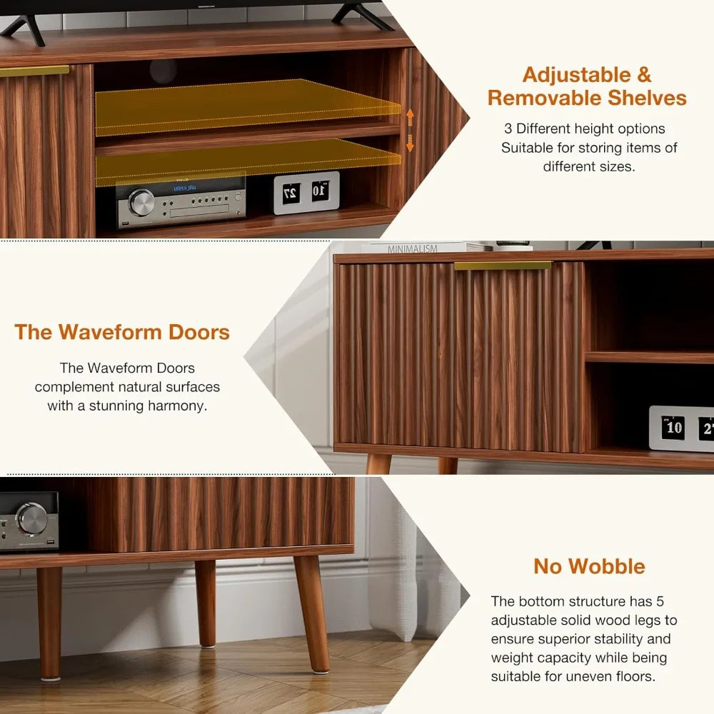 TV Stand for Living Room, Mid Century Modern Entertainment Center TV, TV Console with Fluted Door Cabinets and Open Shelves