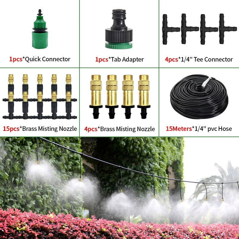 10-30M Outdoor Misting Cooling System 4/7PVC Garden Irrigation Watering Adjustable 1/4'' Brass Atomizer Nozzles Micro Sprinklers