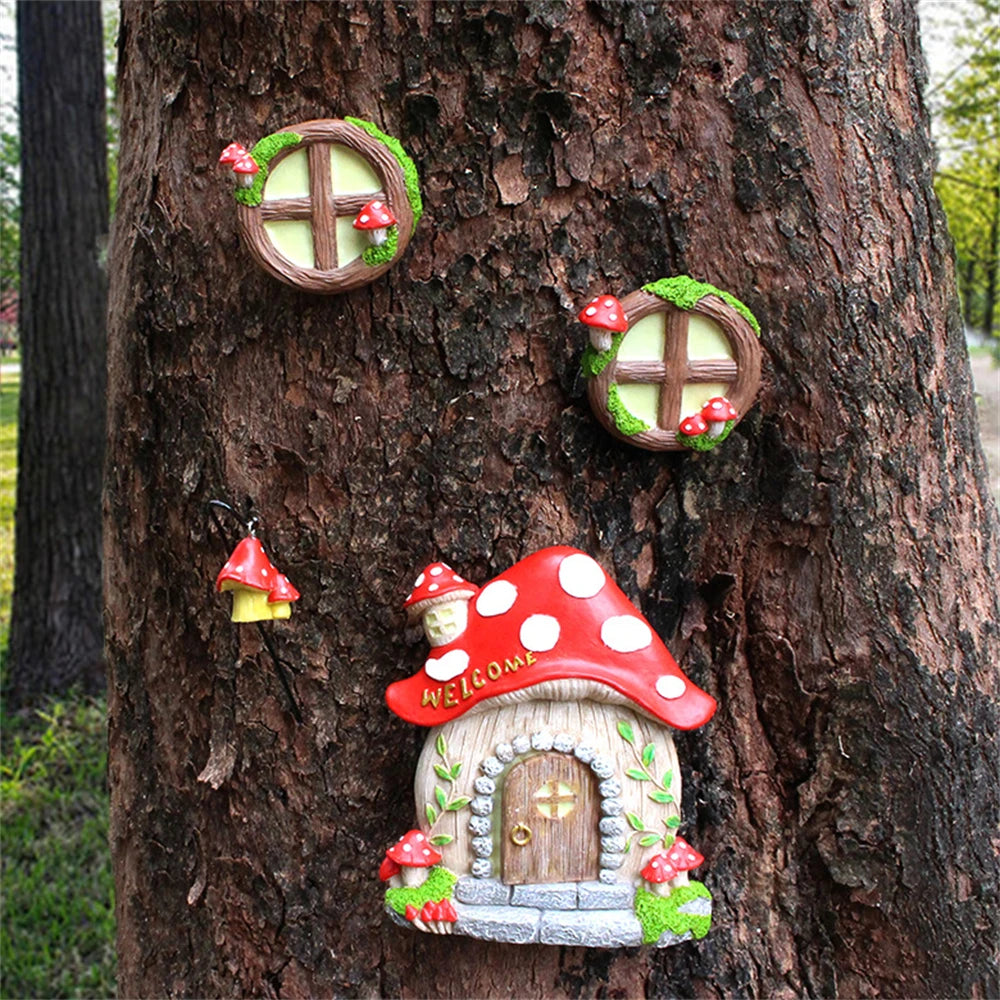 Fairy Mushroom Fairy Door and Windows for Trees Glow in The Dark Yard Garden Sculpture Lawn Ornament Outdoor Decor Accessories