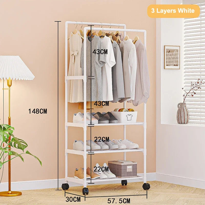 Movable Double Rod Clothes Rack Wheels Heavy Duty Coat Shelf with Bedroom Floor Hangers Organizer Home Shoe Hat Storage Racks