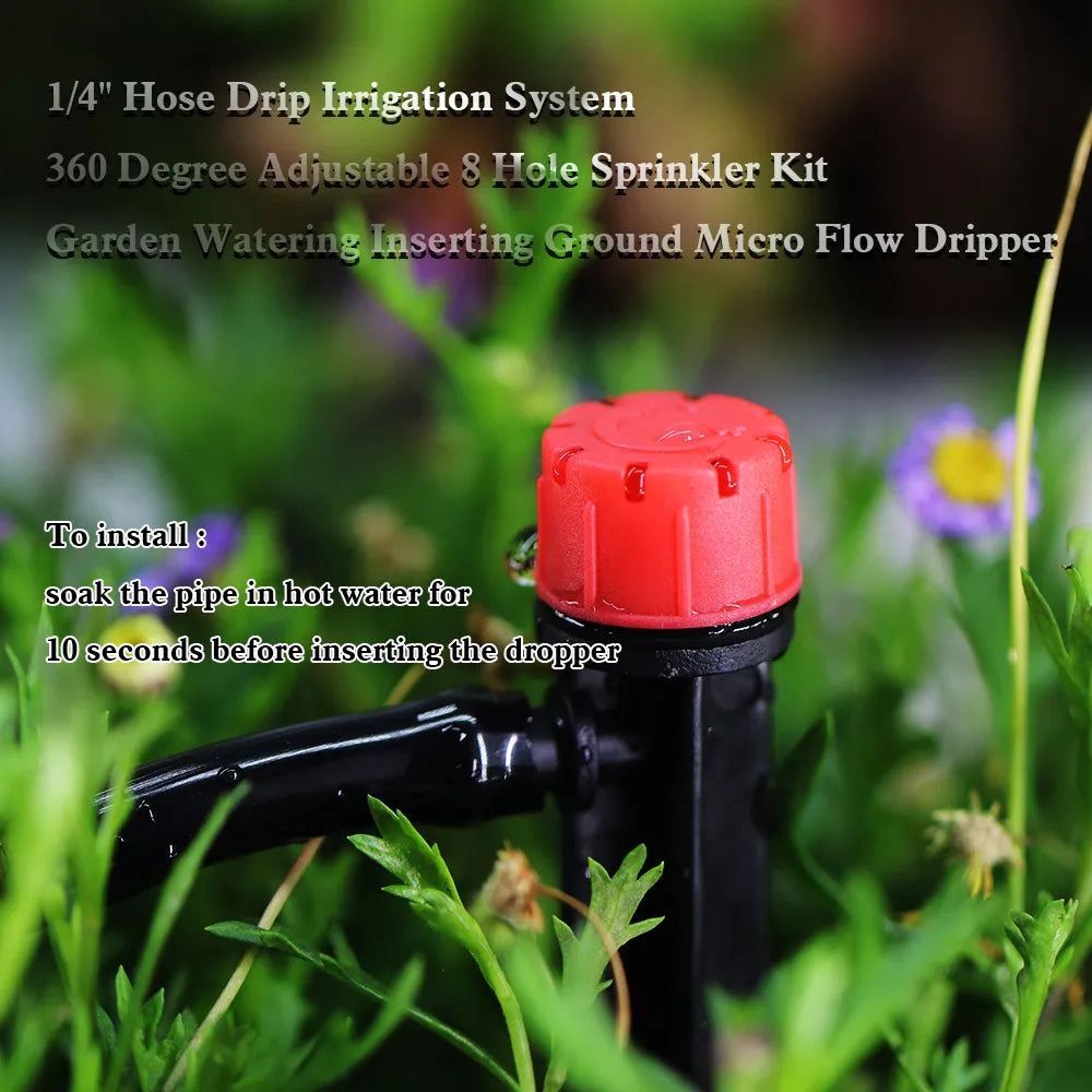 1/4" Hose Drip Irrigation System 360 Degree Adjustable 8 Hole Sprinkler Kit Garden Watering Inserting Ground Micro Flow Dripper