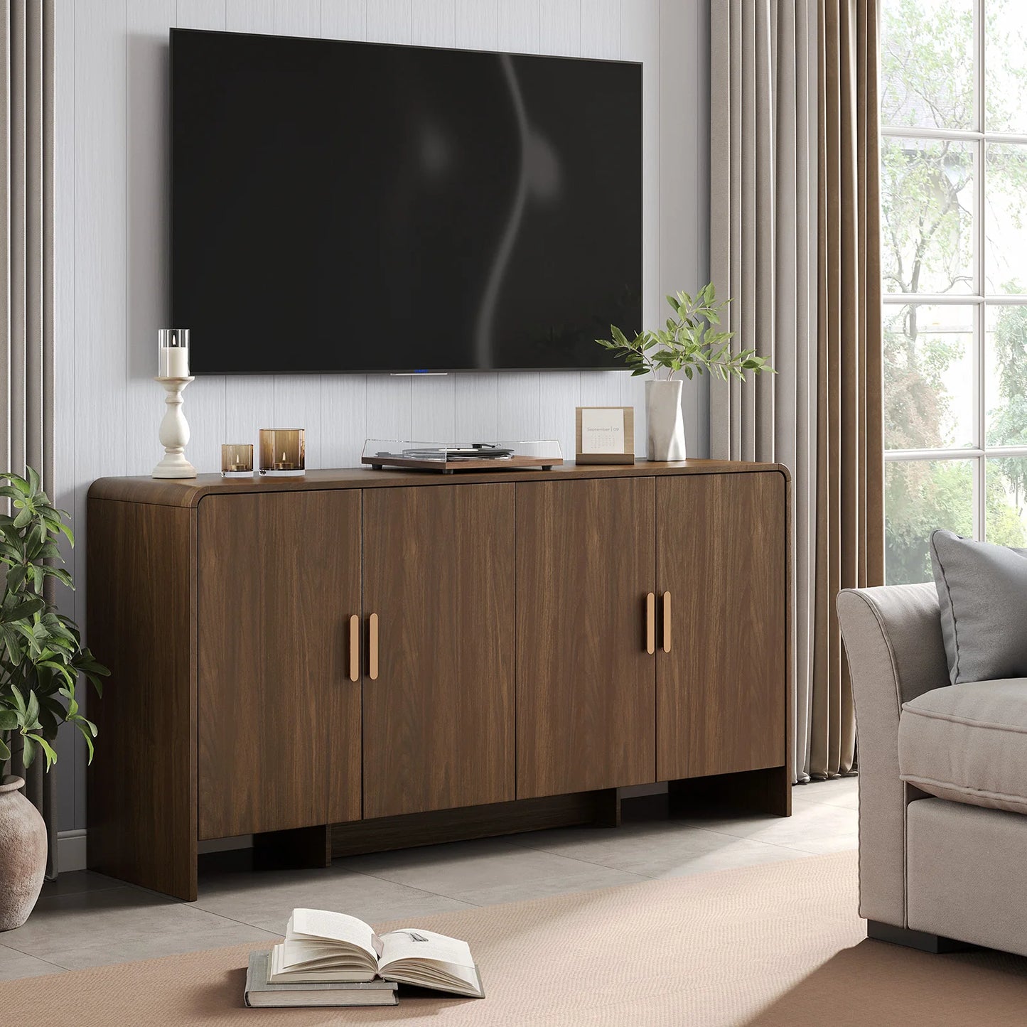 60" Sideboard Buffet Cabinet with Storage, Curved Design Farmhouse Coffee Bar Cabinet with 4 Doors & Adjustable Shelves