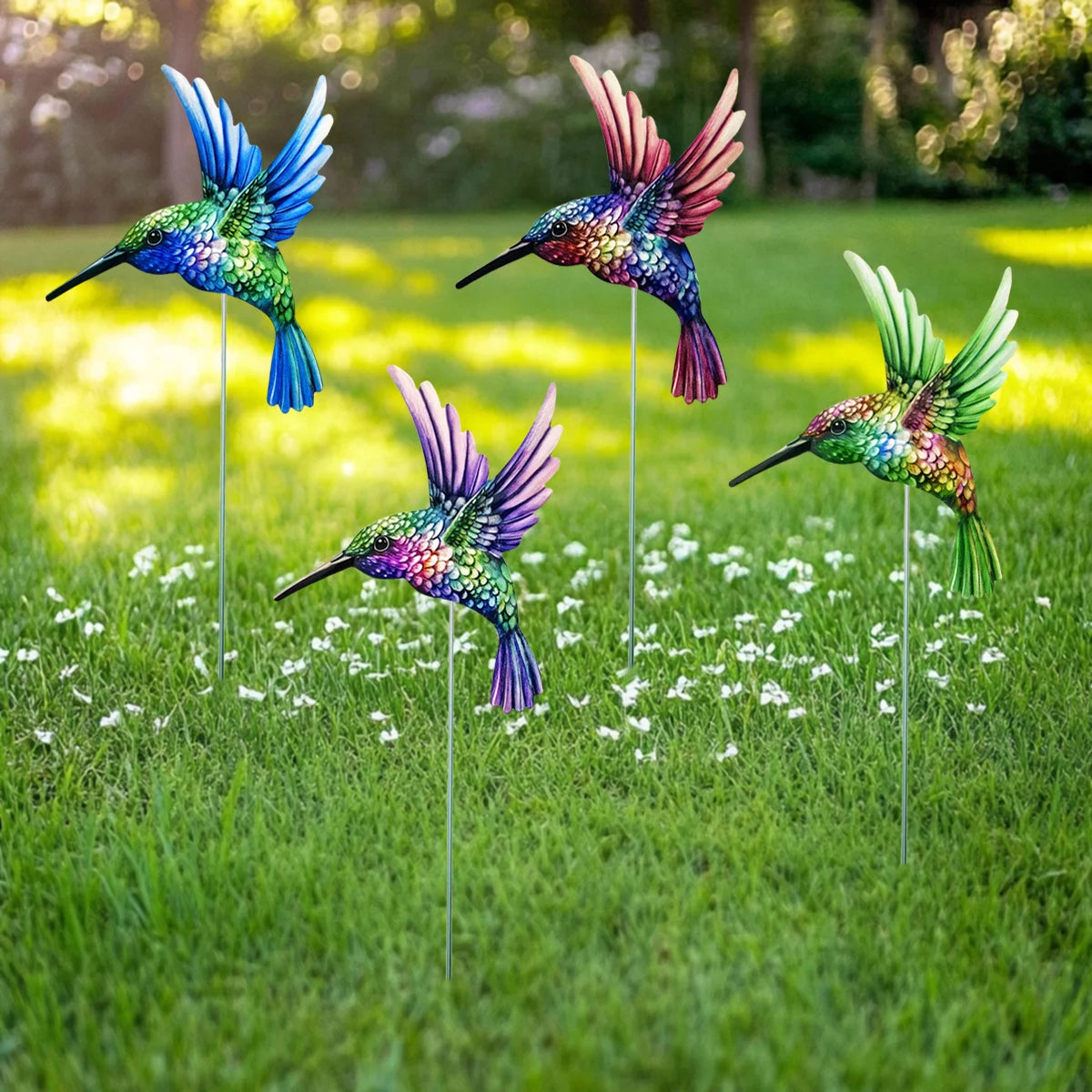 4PCS Metal Hummingbird Stakes Art Sculpture Outdoor Waterproof Iron Ornament Garden/Home Decor Yard Lawn Patio Garden Bird Decor