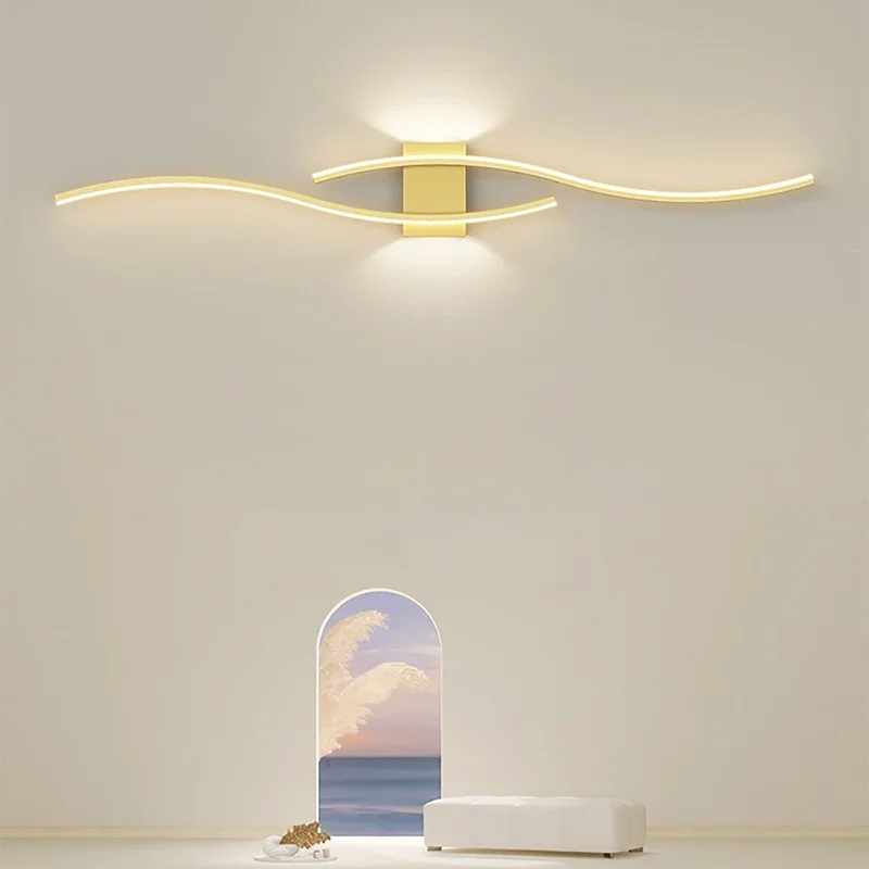 Modern LED Strip Wall Sconce - Double Curve, Remote, Black Gold, Bedside Bedroom | AlluCanFind