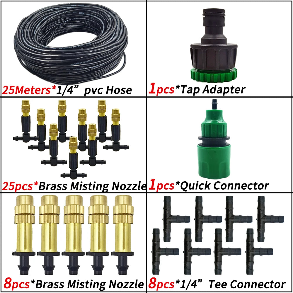 5M-30M Outdoor Misting Cooling System Garden Irrigation Watering 1/4'' Brass Atomizer Nozzles 4/7mm Hose for Patio Greenhouse