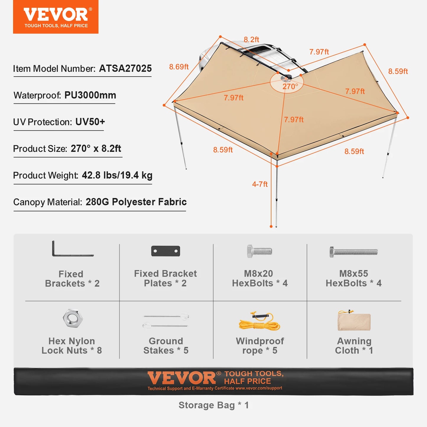 SucceBuy Vehicle Awning  Retractable Car Side Awning Car Awning with Waterproof Storage Bag  Suitable for Truck SUV Van Campers