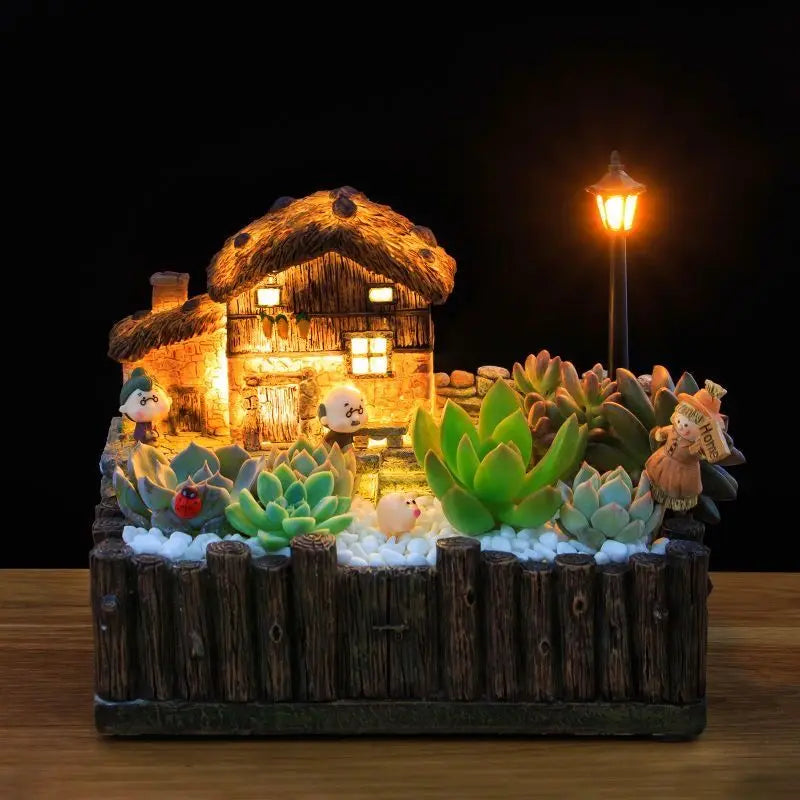 Micro Landscape Succulent Plant Flower Pot with Lamp Creative Cactus Planter Bonsai Cachepot Orchid Vase Home Desktop Decor
