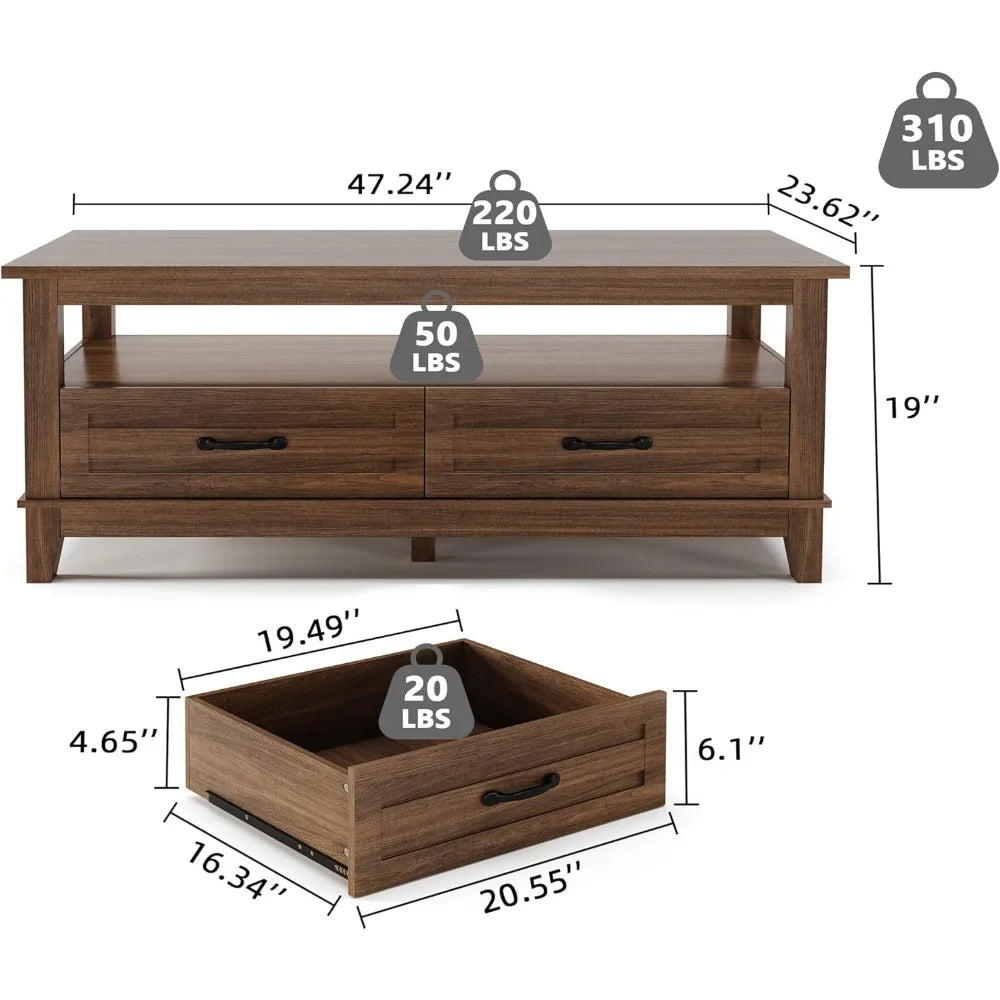 Farmhouse Coffee Table with Drawers, 47.2" Center Table Rustic Coffee Tables Walnut Center Table with Open Shelf