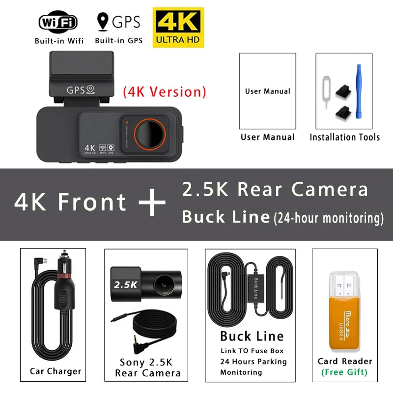 Dash Cam Dual Lens 4K UHD Recording Car Camera DVR Night Vision Video