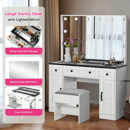 Farmhouse Vanity Desk w/ Lighted Mirror Hollywood Makeup Desk w/ 3 Drawers & 2 Cabinets 43" Dressing Vanity Table Stool Included