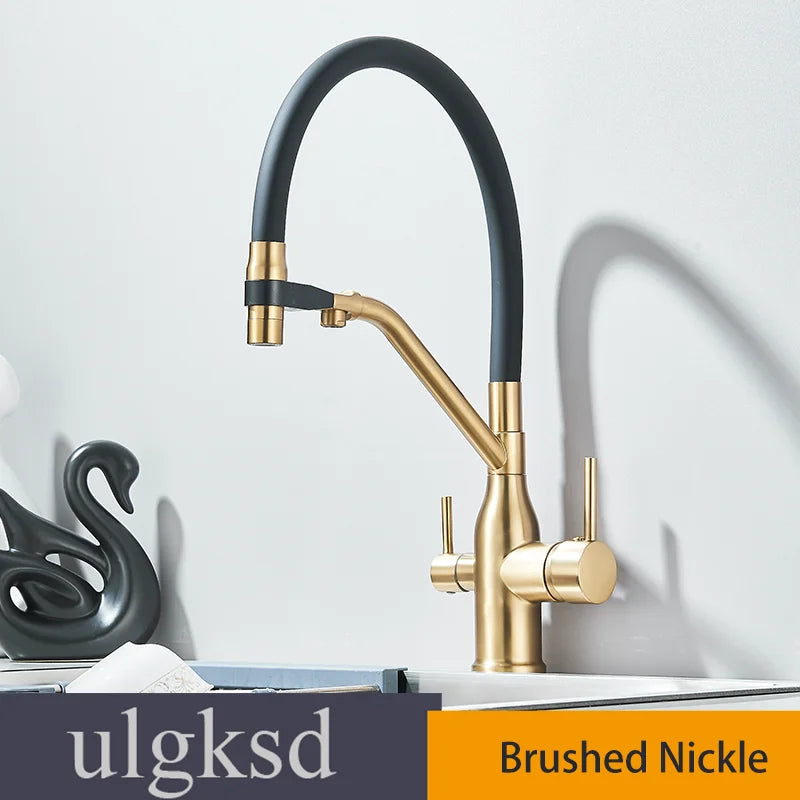 Kitchen Purified Water 2 Function Brass Cold and Hot Mix Faucet Black Flexible Water Pipe 360 Rotate Filtered Water Deck Install