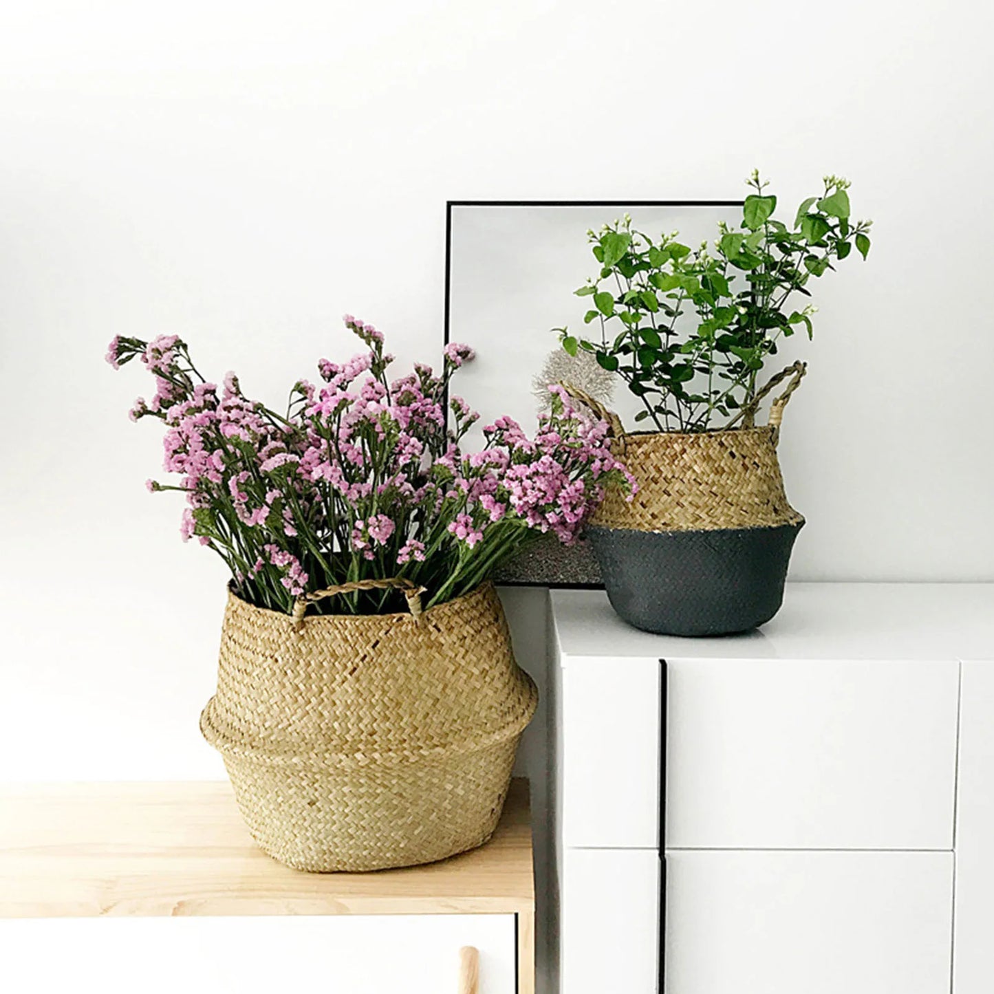 Seagrass Wickerwork Basket Portable Dirty Laundry Hamper Storage Basket Garden Plant Basket Home Decor