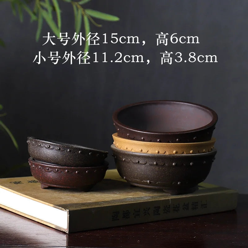Ceramic Circle Drum-nail Pattern Bonsai Pot, Purple Sand,Traditional Chinese Dormitory Room Table, Garden Decoration, Home Table